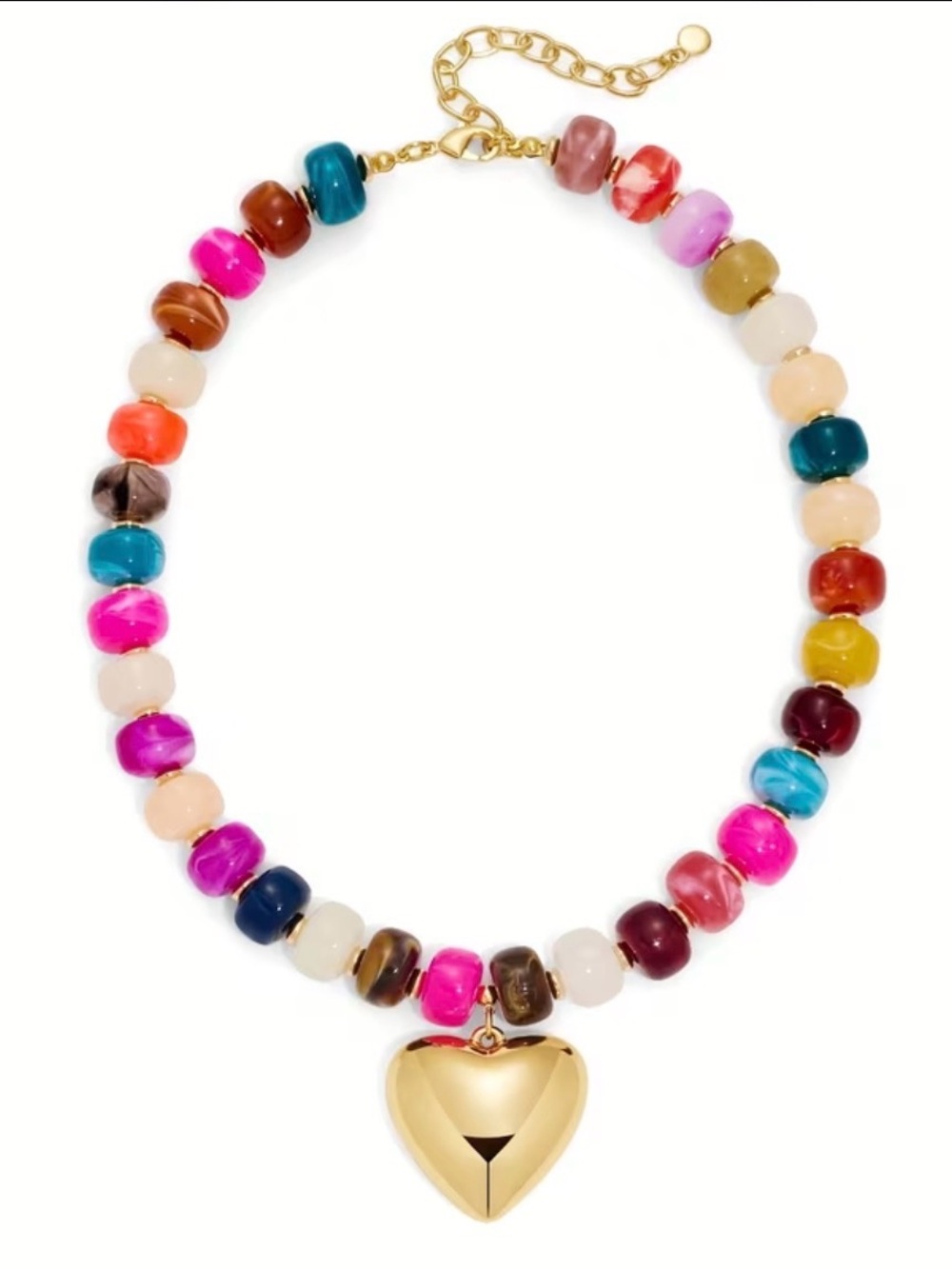 Multicolor Beaded Necklace with Gold Heart Pendant